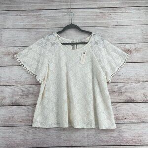 eri + ali Lined Lace‎ Floral Blouse Women's Size Large Cream Pom Pom Trim NEW